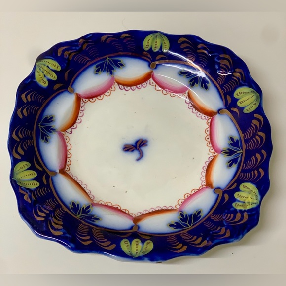 19th Century Gaudy Welsh Ironstone Banana Flow Blue Square Scalloped Plate - Picture 7 of 12